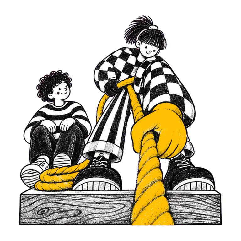 Seen from below, a teenage girl on a wooden block pulls in a thick rope hand over hand as a seated classmate smiles at her.