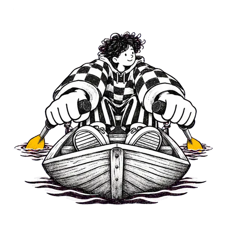 A curly-haired teen in a checked hoodie rows a small wooden boat, pulling and lifting the oars in a steady rhythm.