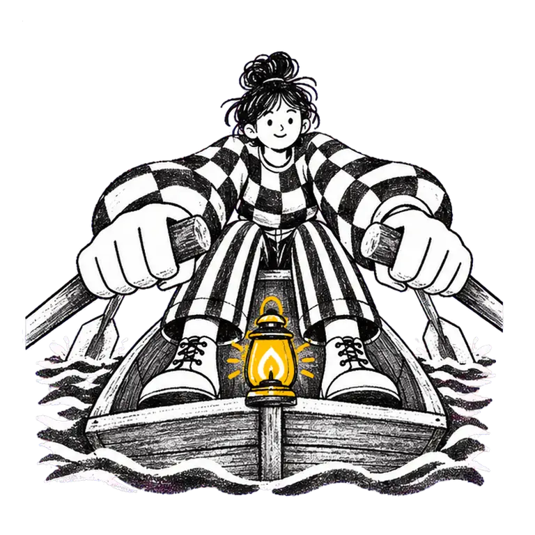 A student in a checked sweater rows a small wooden boat toward the viewer, a lantern glowing on its bow.