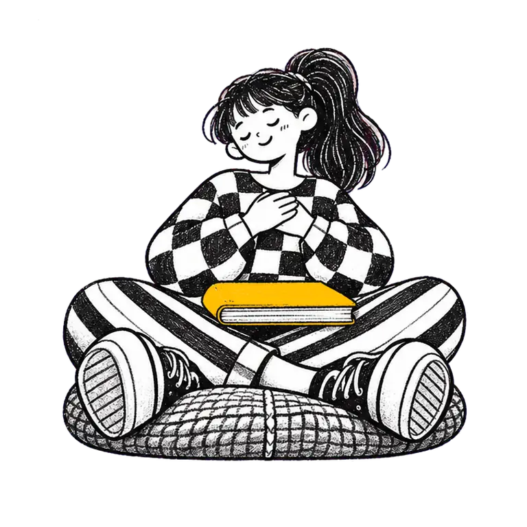 A teenage girl sits cross-legged on a cushion, places her hands on her heart, then lifts a book open to read.