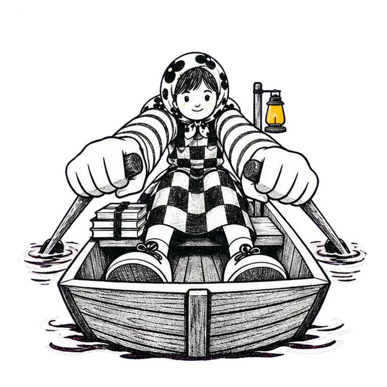 A girl in a checked pinafore and floral headscarf rows a small wooden boat, books beside her and a lantern behind.