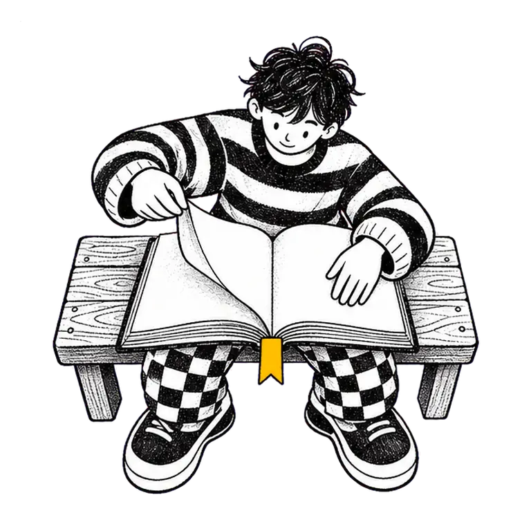 A teenage boy in a striped sweater sits on a wooden bench turning the pages of a big open book with a bookmark ribbon.