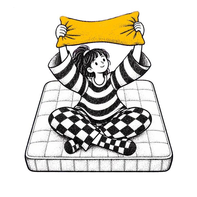 A student in striped pyjamas sits cross-legged on a mattress, lifting, squeezing and setting down a pillow.
