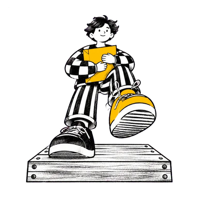 A calm teenager in a checked jumper marches in place on a wooden block, hugging a yellow folder to their chest.