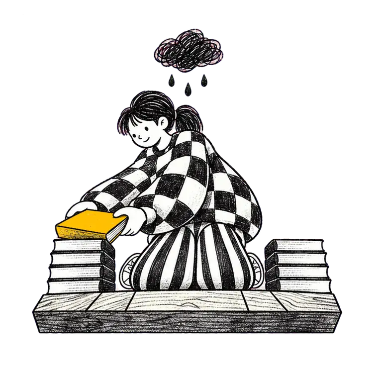 A student in a checked jumper kneels on a wooden platform moving a book between two stacks under a small rain cloud.