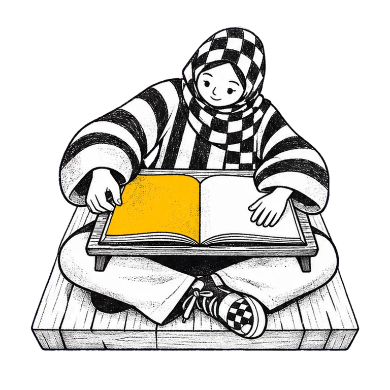 A calm student in a checked headscarf sits cross-legged on a wooden platform, turning the pages of a big open book.