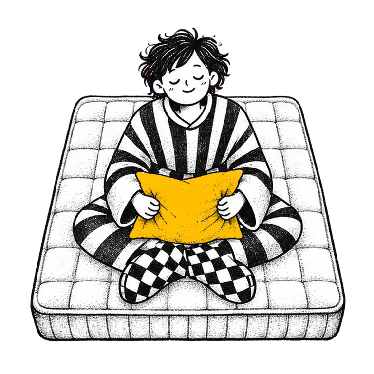 A calm student in striped pyjamas sits cross-legged on a mattress, eyes closed, slowly lifting and lowering a pillow.