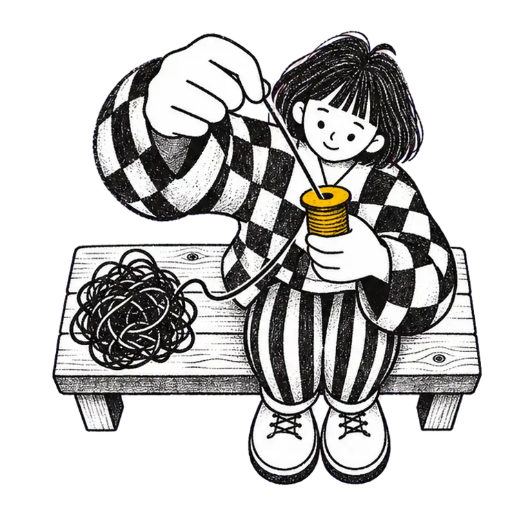 A student in a checked jacket sits on a bench winding thread from a tangled heap onto a spool.