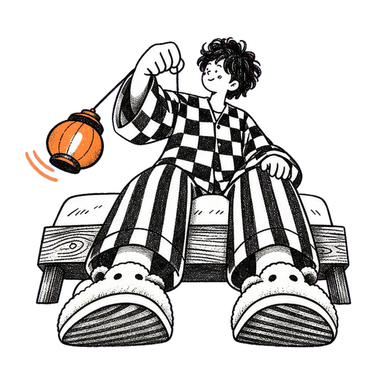 A teenager in checked pyjamas and fluffy slippers sits on a bed, swinging a small lantern evenly from one hand.