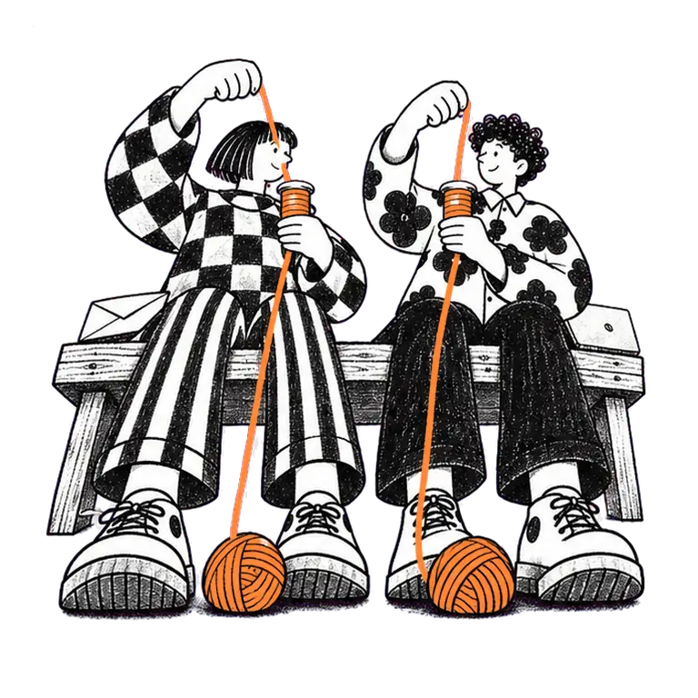 Two people sit side by side on a wooden bench, calmly winding thread from balls at their feet onto small spools.