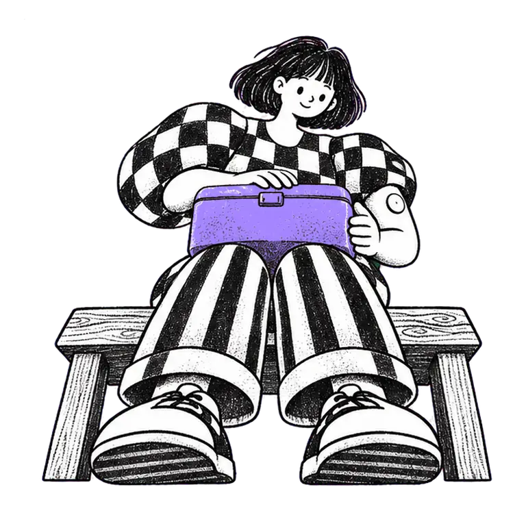 A woman in a checked shirt sits on a wooden bench, opening and closing a lunchbox on her knees with an apple inside.