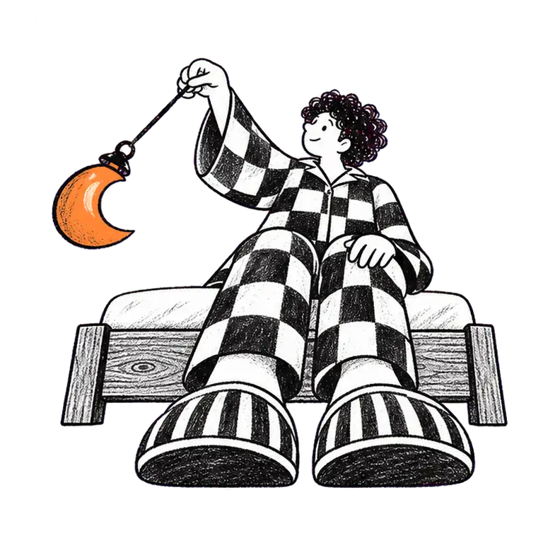 An adult in checked pyjamas sits on a bed holding up a crescent-moon lantern that swings from side to side.