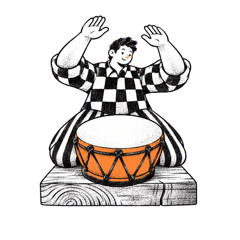 A calm man kneeling on a wooden block lifts both hands and beats a round hand drum in a slow, steady rhythm.