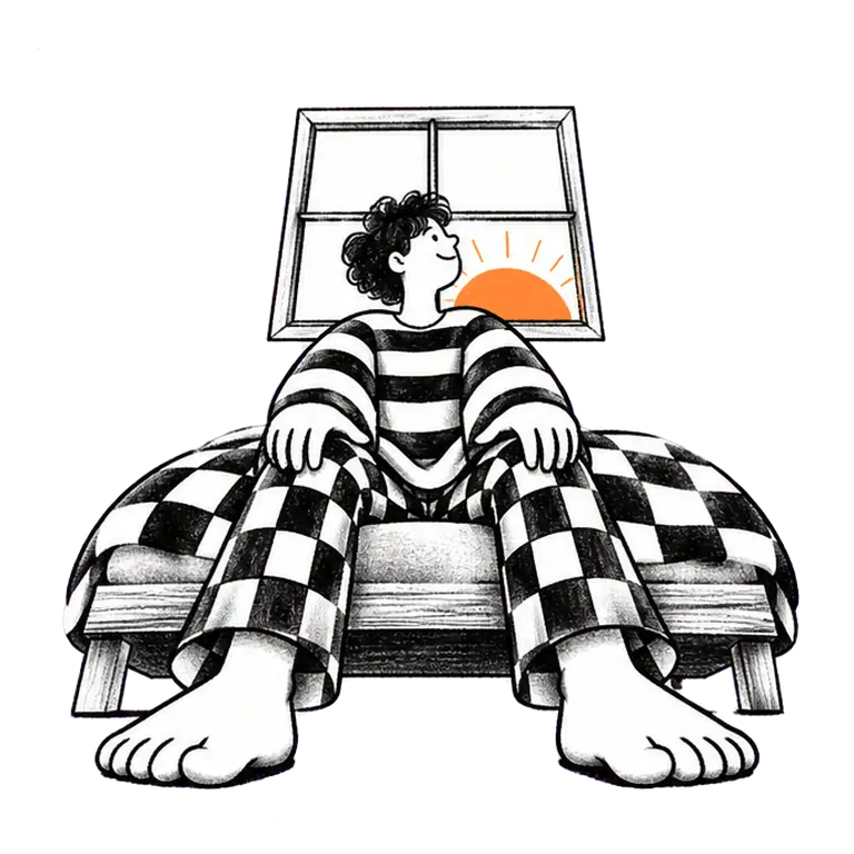 A young person in striped pyjamas sits on a bed edge and stretches their arms up toward a window with a rising sun.