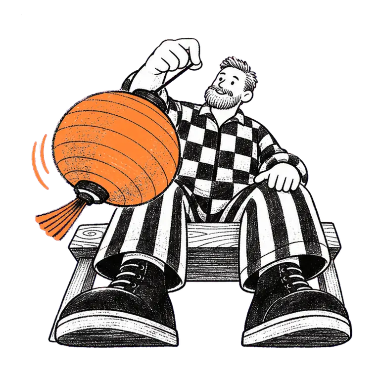A bearded man in a checked shirt sits on a wooden bench, calmly swinging a round paper lantern back and forth.