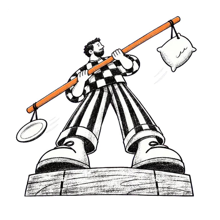 A man on a wooden plank balances a long pole with a plate and a pillow hanging from its ends as it tips side to side.