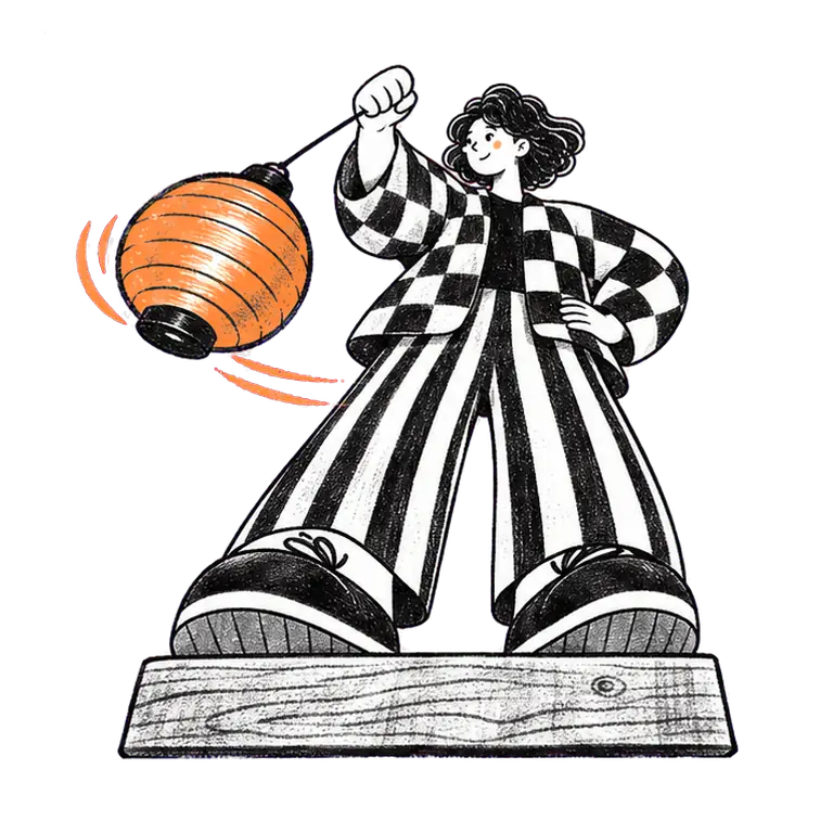 A calm woman in a checked jacket stands on a wooden step, swinging a round lantern on a cord in a steady arc.