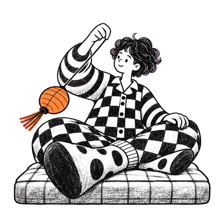 A student in checked pyjamas sits cross-legged on a mattress, swinging a small paper lantern on a cord.