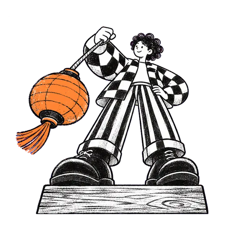 A young person in a checked jacket stands on a wooden step, swinging a round lantern on a rope from side to side.