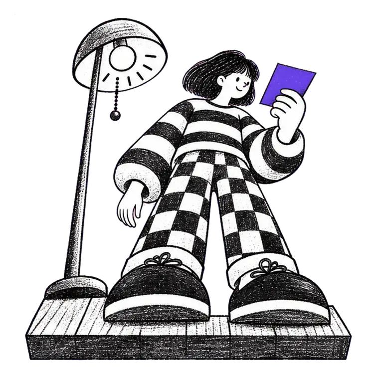 A woman in a striped jumper reads a small yellow card, then reaches up and pulls the chain of a floor lamp beside her.