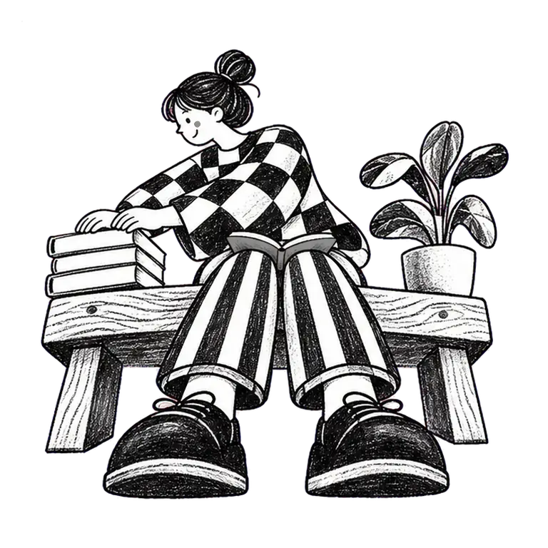 A woman on a bench turns from a stack of books to a potted plant, glancing at an open notebook on her knees in between.