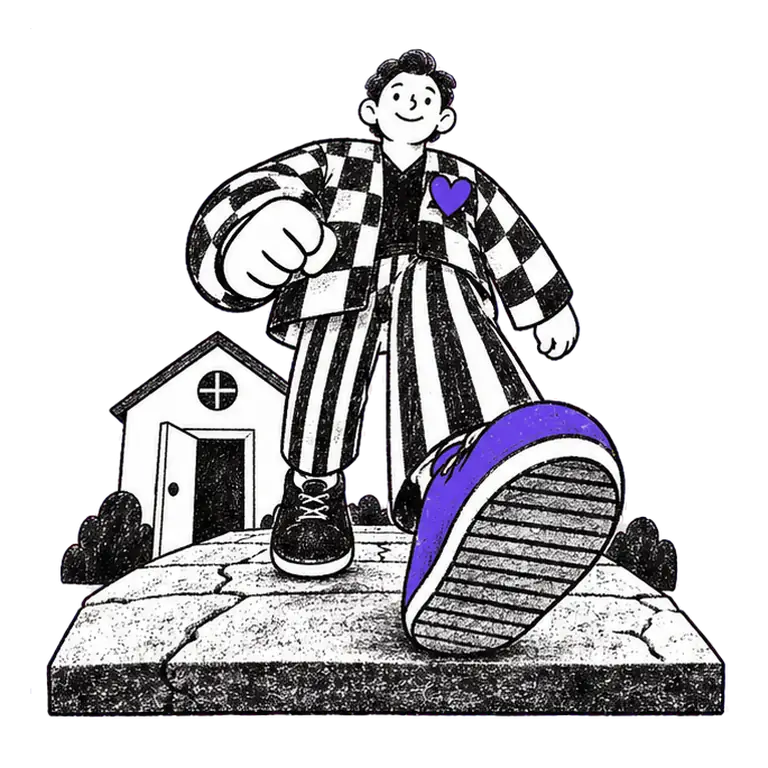 A smiling man in a checked coat walks toward the viewer on a stone path, a heart badge pinned to his chest.