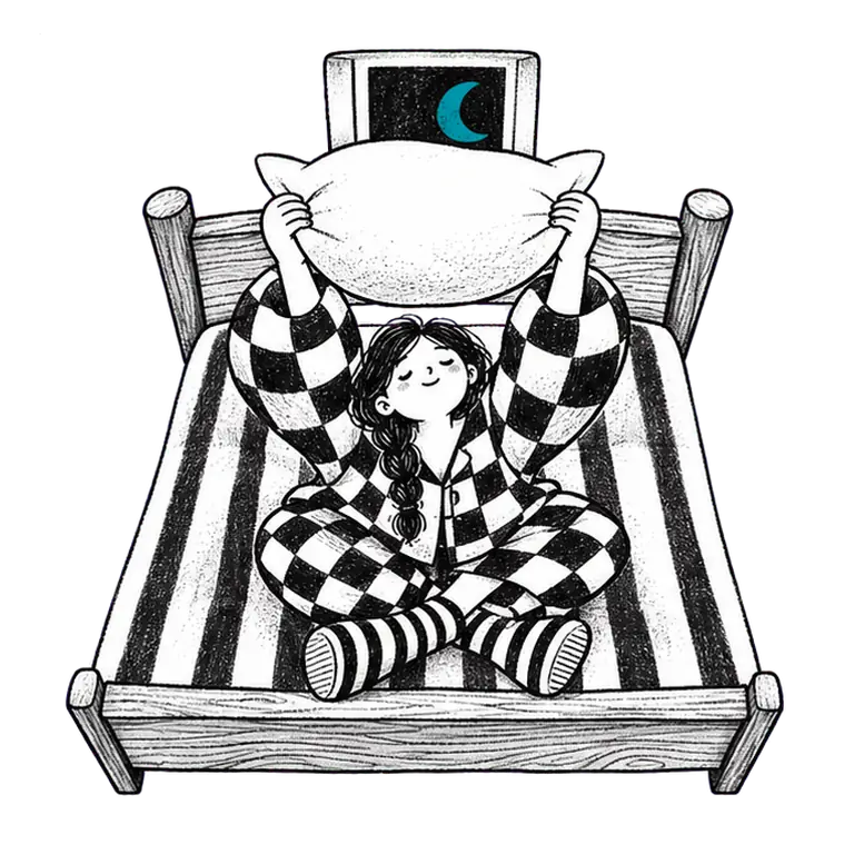 A woman in checked pyjamas sits on her bed fluffing a pillow, a crescent moon in the window behind her.