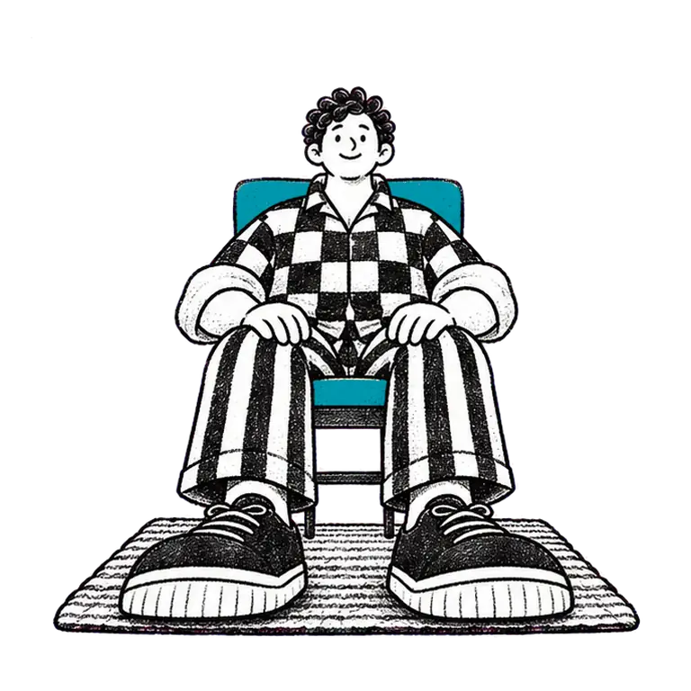 A man in a checked shirt rises from a chair, stretches his arms overhead and sits back down, over and over.