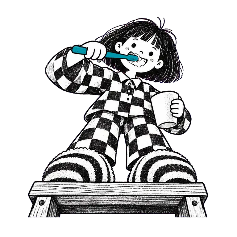 A smiling girl in checked pyjamas stands on a wooden step stool, brushing her teeth and holding a cup.