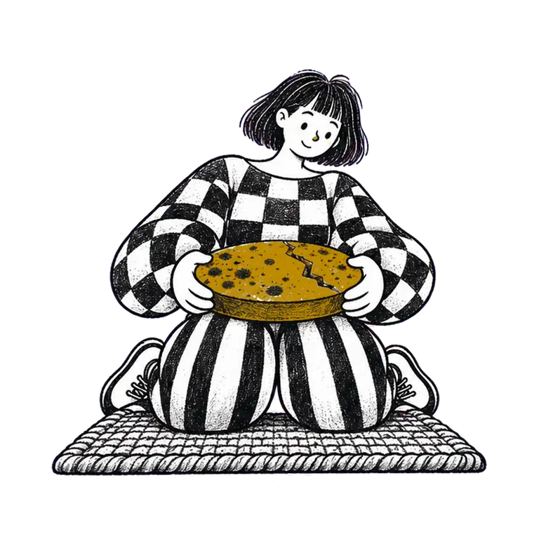 A kneeling woman in a checked jumper lifts a round stone, turns it over to see its smooth side and lowers it again.