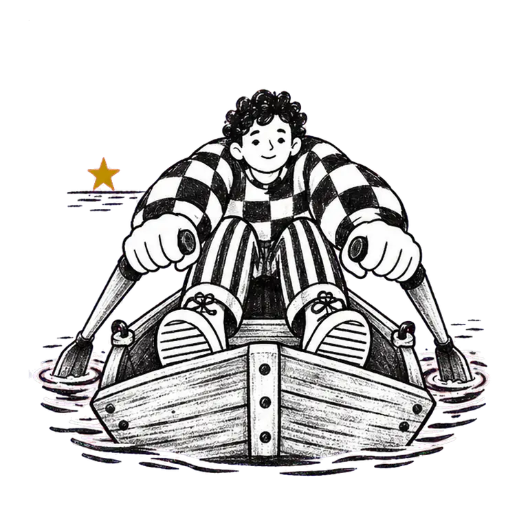 A man in a checked jumper rows a small wooden boat, steady and calm, with a star low on the horizon behind him.