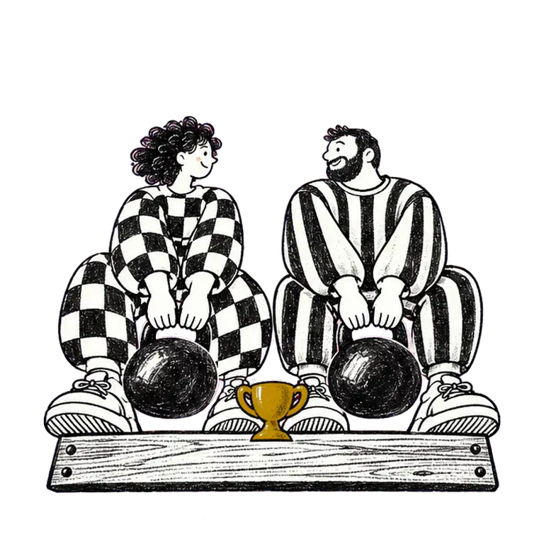 Two people in checked and striped tracksuits lift kettlebells side by side, grinning at each other, a small trophy between them.