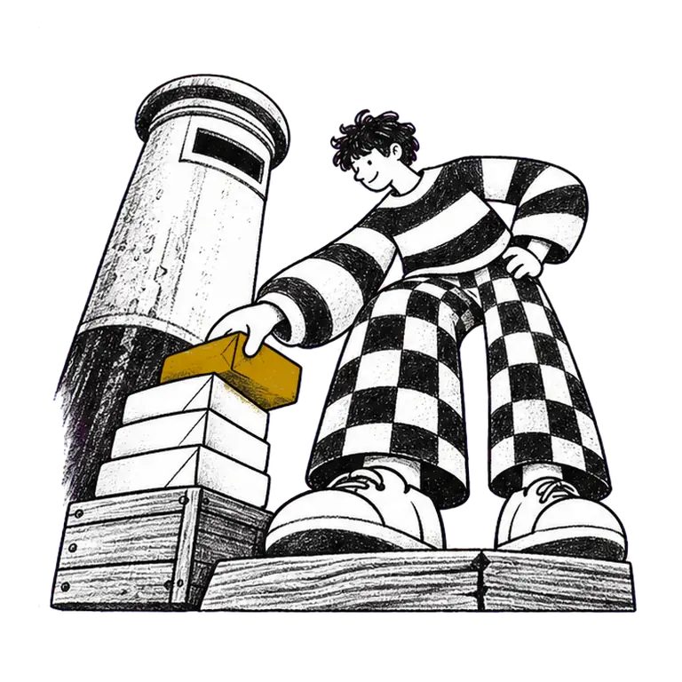 A student in a striped jumper takes a small parcel from a stack and posts it into a tall postbox, one at a time.