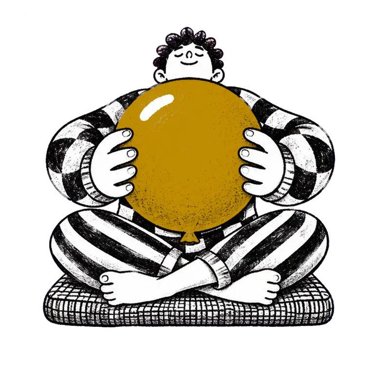 A calm man sits cross-legged on a cushion, eyes closed, holding a balloon that grows and shrinks as he breathes.