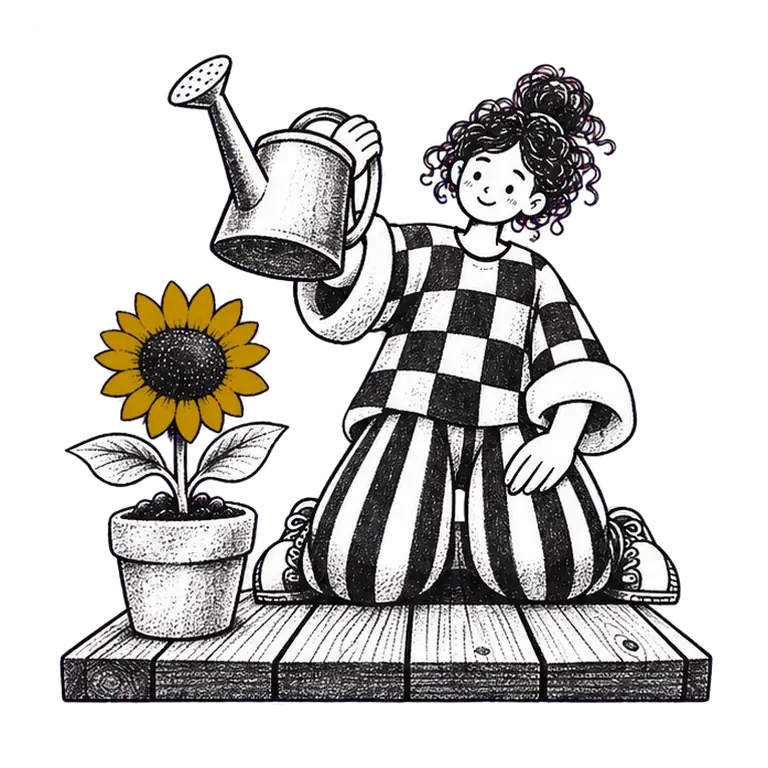 A smiling young woman kneels on a wooden platform and waters a potted sunflower with a watering can, over and over.