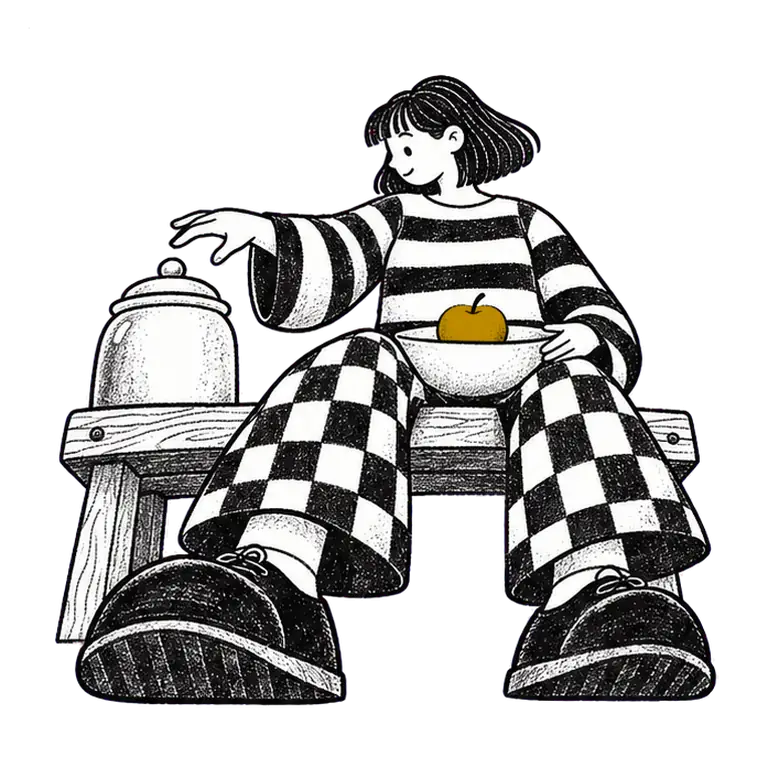 A woman on a bench reaches toward a closed biscuit jar, then picks an apple from her lap bowl and lifts it to her mouth.