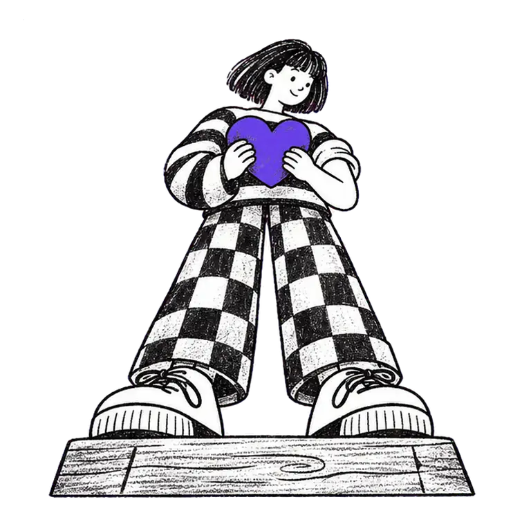 A woman in a striped jumper and checked trousers holds a big heart to her chest, then stretches it out toward the viewer.