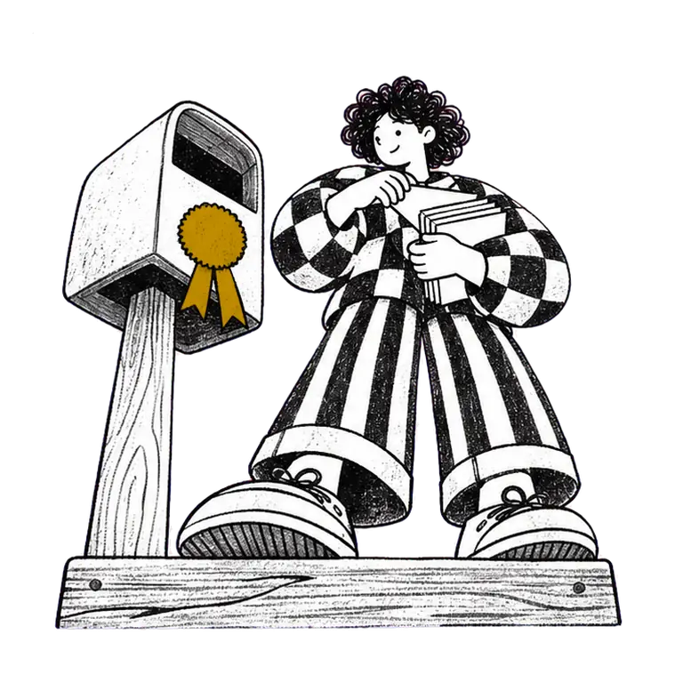 A student on a porch step posts envelopes one by one into a mailbox decorated with a prize rosette.