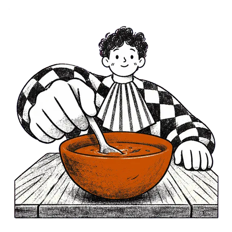 A smiling man in a checked shirt and striped napkin spoons soup from a large bowl at a wooden table.