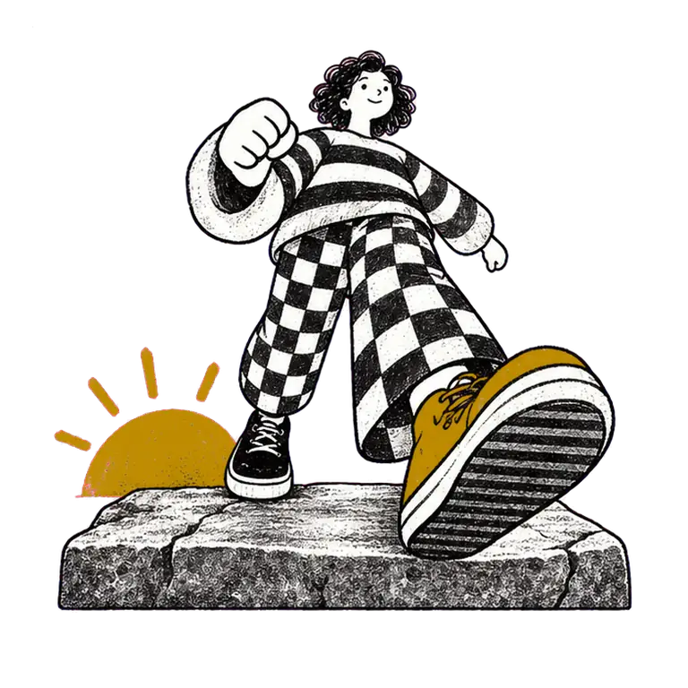 A woman in a striped jumper and checked trousers walks in place on a worn stone slab in front of a rising sun.