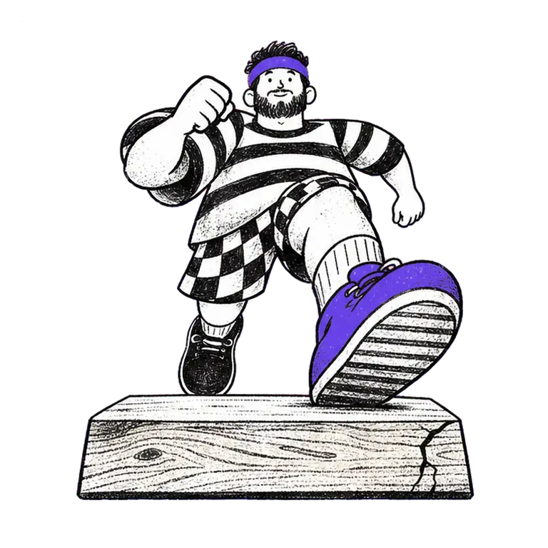 A smiling bearded man in a striped T-shirt, checked shorts and a headband jogs in place on a wooden block.