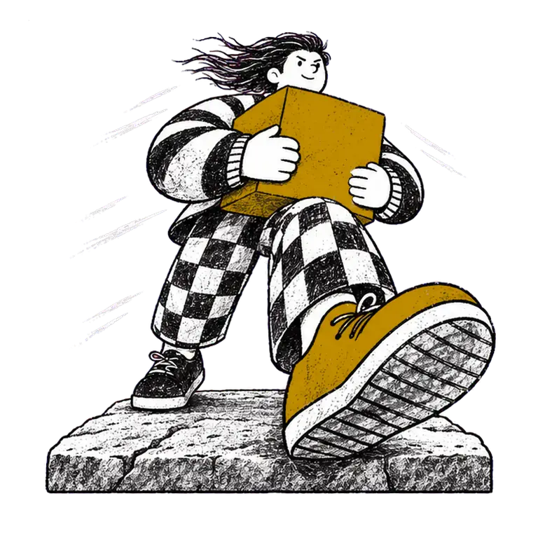 A determined man in a striped jumper strides into the wind, hugging a big box to his chest, seen from below.