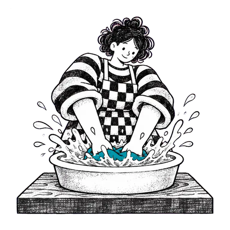 A smiling woman in a striped sweater and checked apron rinses, wrings and shakes out a dishcloth over a basin.