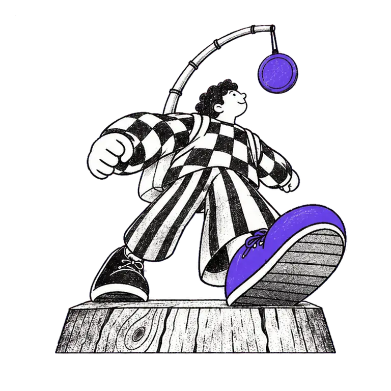 A cheerful man in a checked jacket walks in place on a wooden block, eyeing a gold coin hanging from a pole on his back.