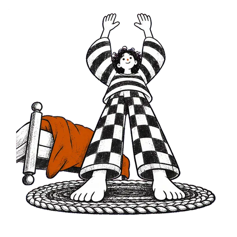A woman in striped pyjamas stands on a rug beside an empty bed with the covers thrown back, stretching her arms in a circle.