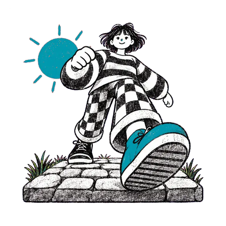 A smiling woman in a striped jumper and checked trousers walks briskly on a cobbled path under the sun.