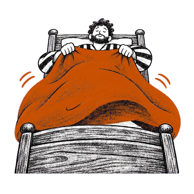 A bearded man in striped pyjamas in a wooden bed flaps his blanket up, lets it settle and tucks himself in.