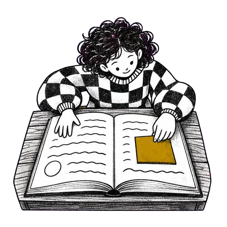 A curly-haired teen at a wooden desk lifts a paper flap in her open book to reveal a star, then folds it shut.