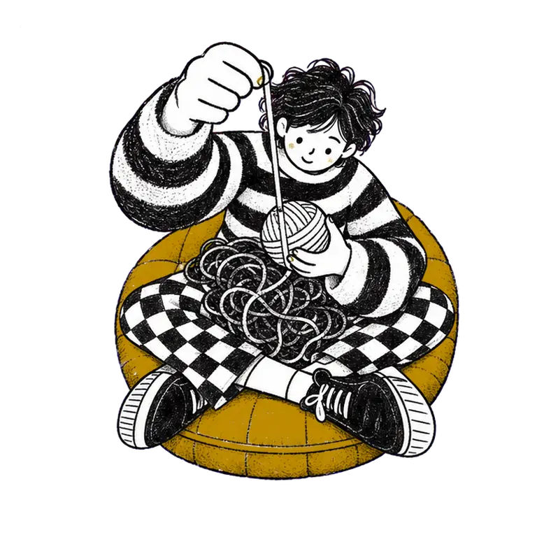 A calm student in a striped sweater sits cross-legged on a round cushion, winding a tangled heap of thread into a ball.