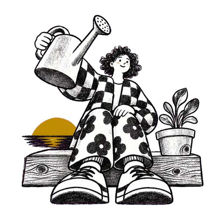A woman on a wooden step waters a potted plant with a watering can as the sun sets behind her.